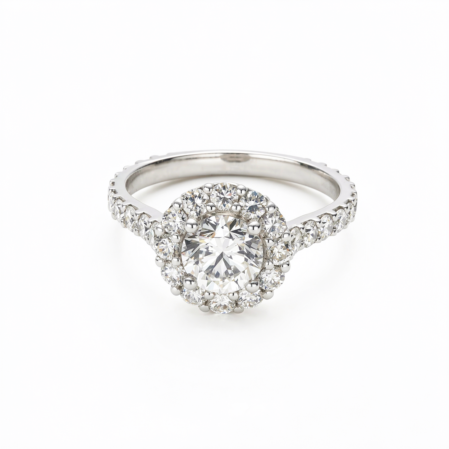 Round Brilliant Cut Diamond丨Classic Halo Setting丨Diamond Pavé Band