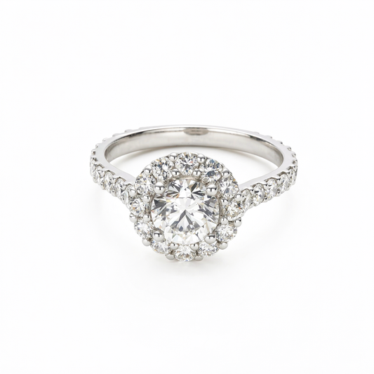 Round Brilliant Cut Diamond丨Classic Halo Setting丨Diamond Pavé Band