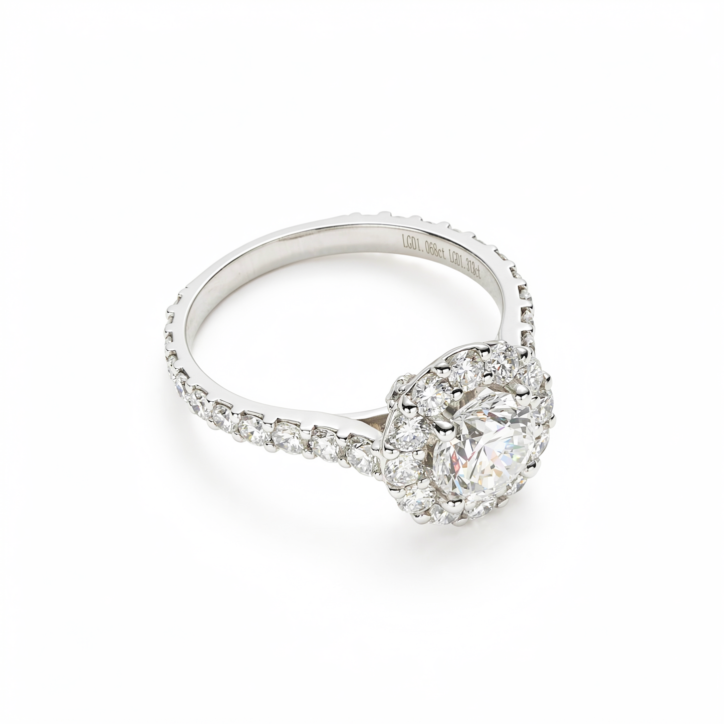 Round Brilliant Cut Diamond丨Classic Halo Setting丨Diamond Pavé Band