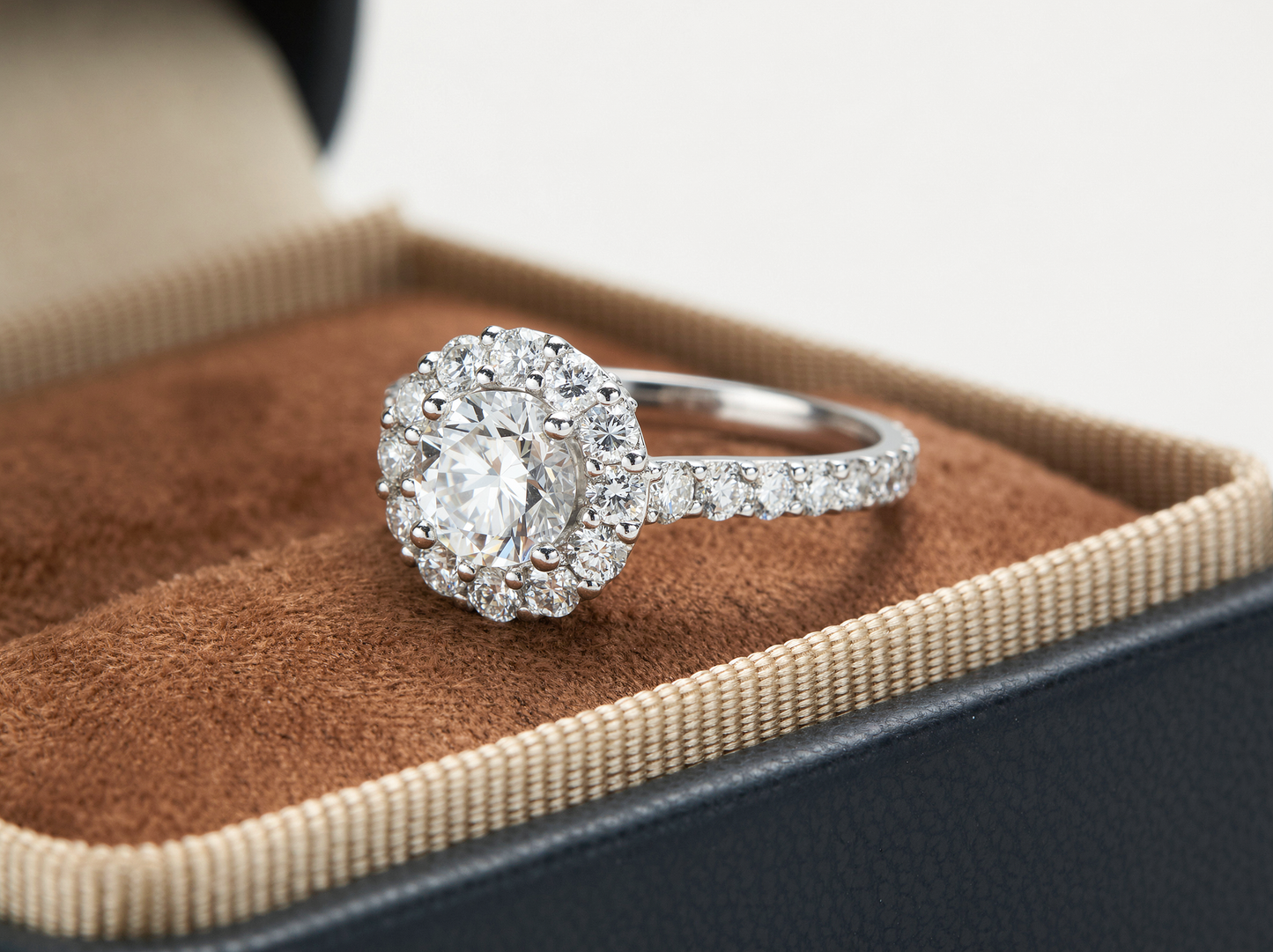 Round Brilliant Cut Diamond丨Classic Halo Setting丨Diamond Pavé Band
