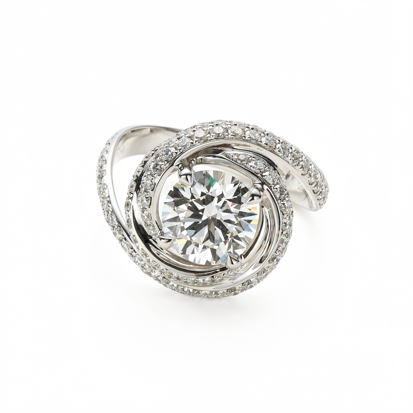 Round Brilliant Cut Diamond丨Bypass Ribbon Pavé Setting丨Platinum Ring