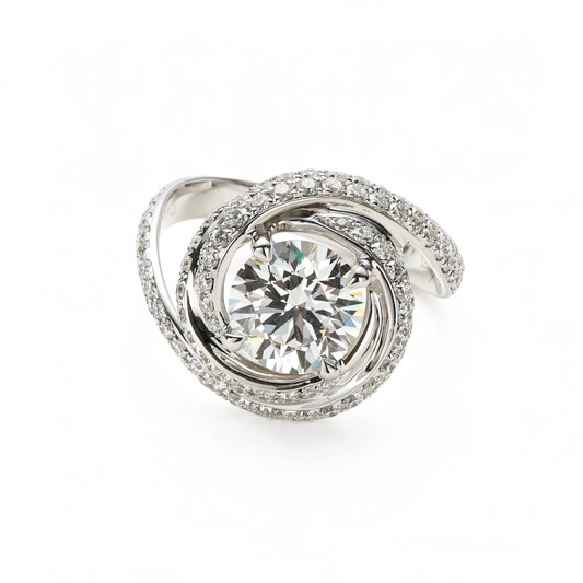 Round Brilliant Cut Diamond丨Bypass Ribbon Pavé Setting丨Platinum Ring