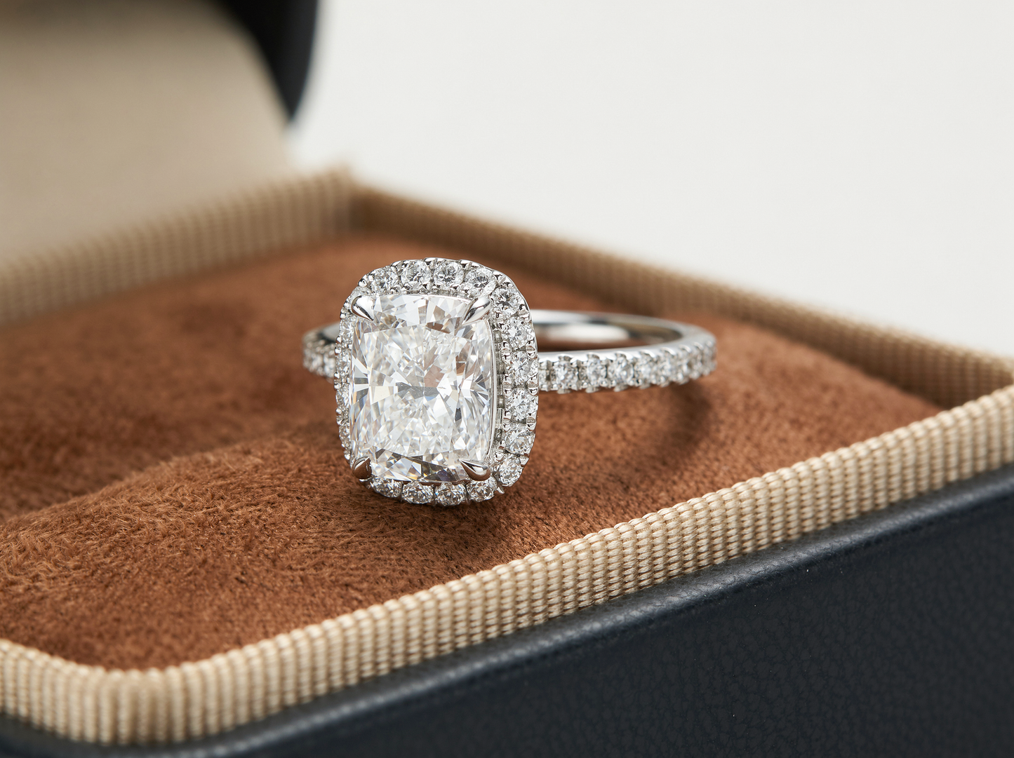 Cushion Shape Cut Diamond丨Classic Halo Setting丨Diamond Pavé Band