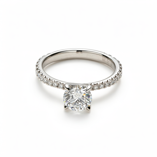 Round Brilliant Cut Diamond丨Solitaire Pavé Band Setting丨Platinum Ring