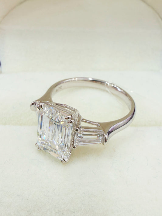3 Carat Emerald-Cut Diamond Ring with Tapered Baguette Side Stones | 18K White Gold