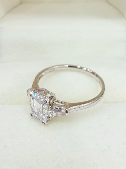 1 ct Emerald-Cut Three-Stone Diamond Ring with Tapered Baguettes | 18K White Gold