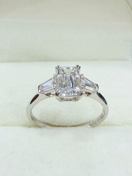 1 ct Emerald-Cut Three-Stone Diamond Ring with Tapered Baguettes | 18K White Gold