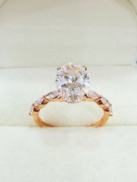 2-carat Oval Cut Diamond Engagement Ring with Marquise Accent Band | 18K Rose Gold