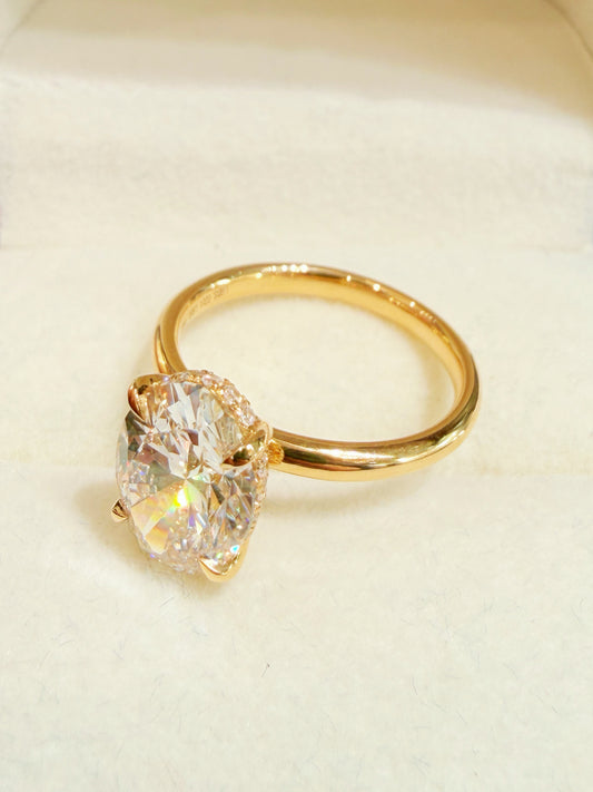 3-caratOval Cut Diamond Solitaire Ring with Hidden Halo | 18K Yellow Gold